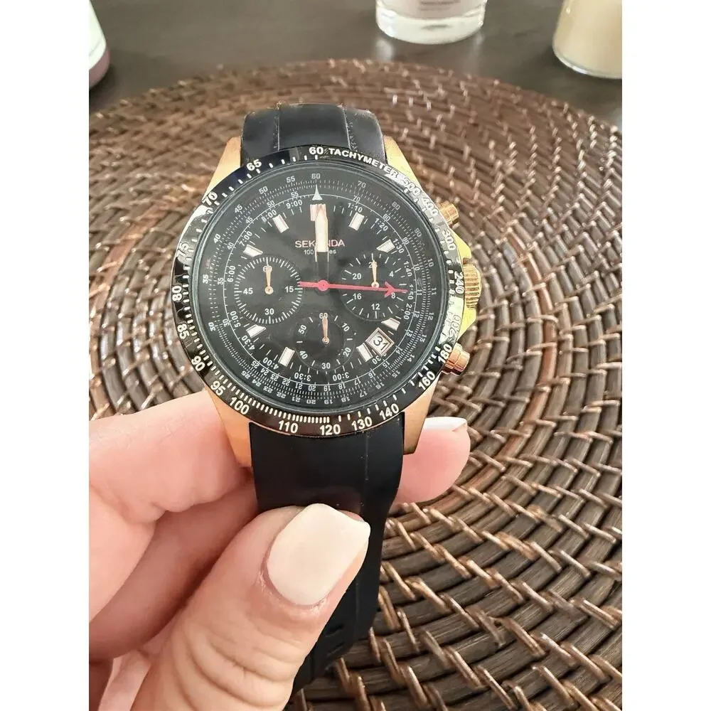 Sekonda 30063 Chronograph Watch Black Gold Leather Strap
